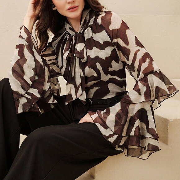 Women's Elegant Raglan Flare Sleeve Round Neck Semi-Sheer zebra print blouse - Picture 7 of 8